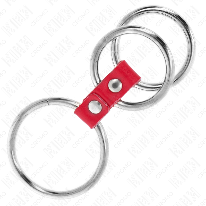 KINK - ANELLO PER PENE IN TRIPLO METALLO DA 3,7 CM A 5 CM COLLEGATO CON PELLE ROSSA - immagine 3
