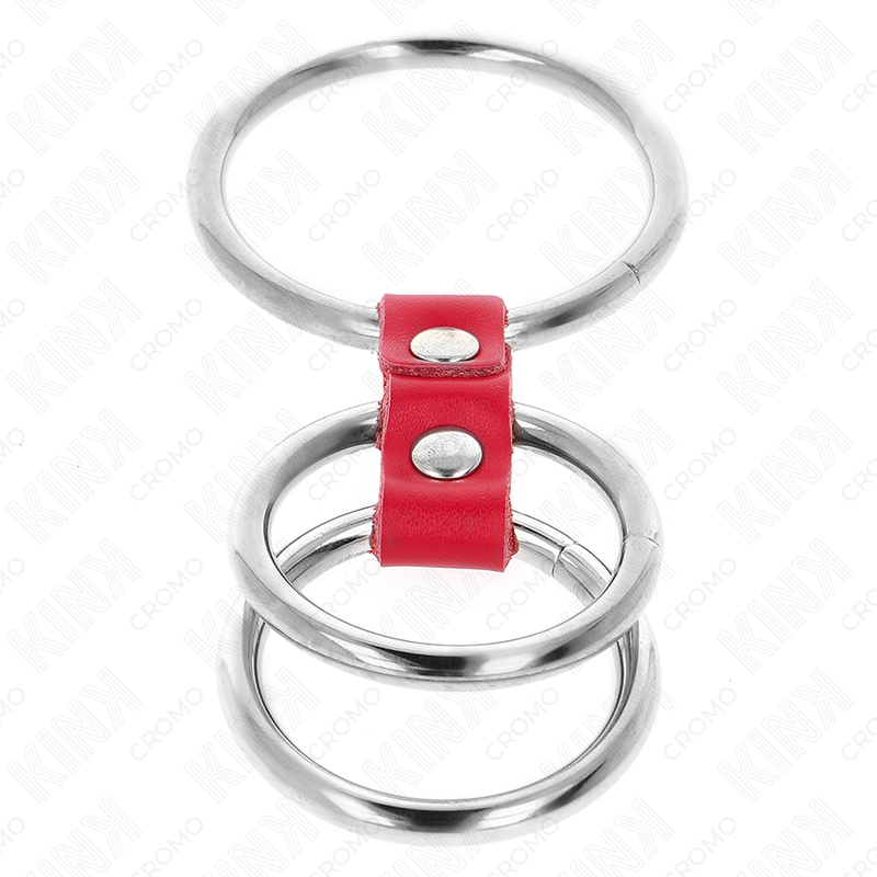 KINK - ANELLO PER PENE IN TRIPLO METALLO DA 3,7 CM A 5 CM COLLEGATO CON PELLE ROSSA - immagine 4
