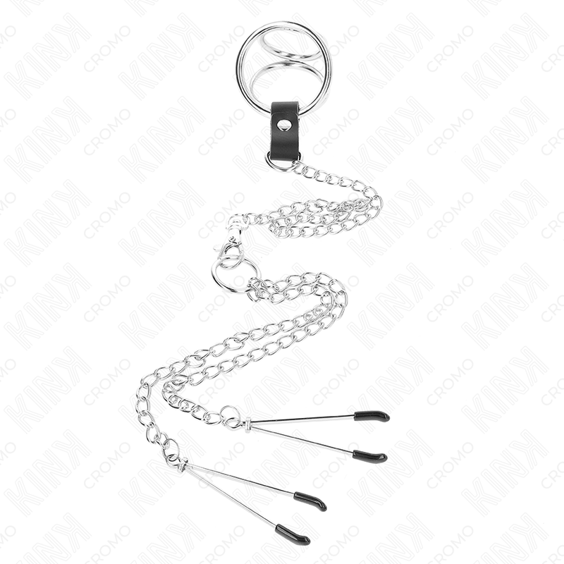 KINK - ANELLO PER PENE IN METALLO CROMATO TRIPLO DA 3,8 CM A 5 CM CON CATENA IN METALLO DA 26 CM E MORSETTI PER CAPEZZOLI MODELLO 2 - immagine 3