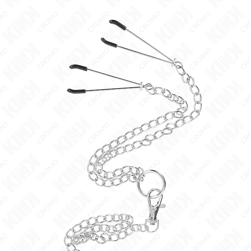 KINK - ANELLO PER PENE IN METALLO CROMATO TRIPLO DA 3,8 CM A 5 CM CON CATENA IN METALLO DA 26 CM E MORSETTI PER CAPEZZOLI MODELLO 2 - immagine 4