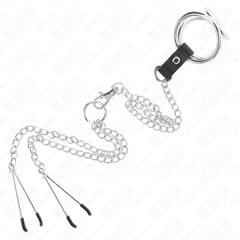 KINK - ANELLO PER PENE IN METALLO CROMATO TRIPLO DA 3,8 CM A 5 CM CON CATENA IN METALLO DA 26 CM E MORSETTI PER CAPEZZOLI MODELLO 2 - immagine 5