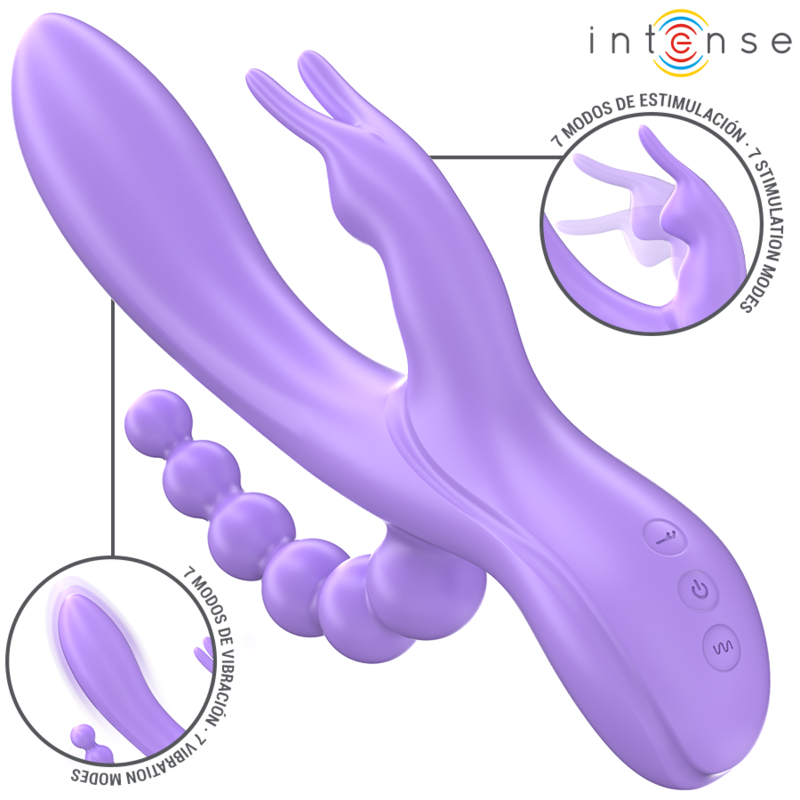 INTENSE - MIKO VIBRATORE TRIPLO CONIGLIO  STIMOLATORE  ANALE 7 VIBRAZIONI VIOLA